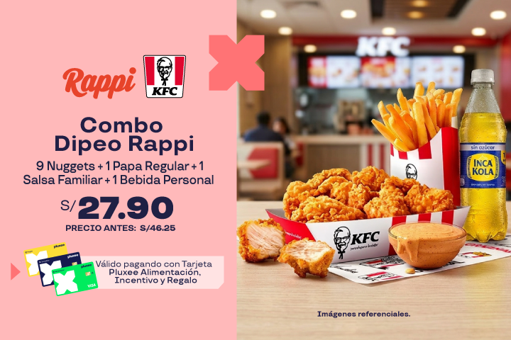 40% COMBO DIPEO RAPPI: 9 NUGGETS + 1 PAPA REGULAR + 1 SALSA FAMILIAR + 1 BEBIDA PERSONAL A S/27.90. PRECIO REGULAR S/46.25.